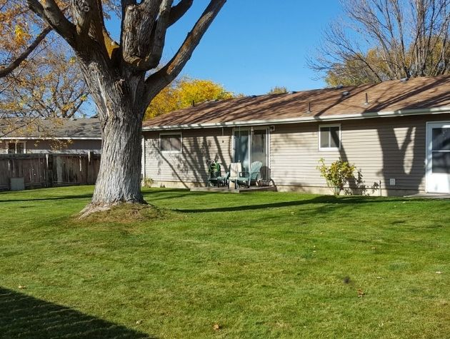 A small residential home with a fenced in back lawn. The grass has been regularly seeded and is noticeably green and lush. 