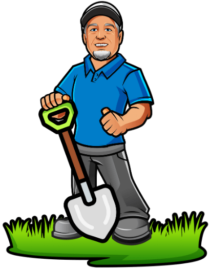 A cartoon mascot of Mike, owner of Telos Lawn care. He is wearing a hat and blue shirt and holding a shovel. 