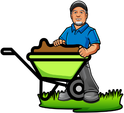 A cartoon mascot of Mike, owner of Telos Lawn care. He is wearing a hat and a blue shirt and pushing a wheelbarrow.