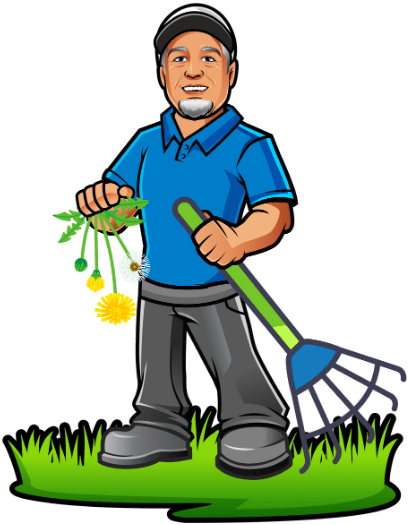 A cartoon mascot of Mike, owner of Telos Lawn Care. He is wearing a blue shirt and a hat and holding a weed and rake.