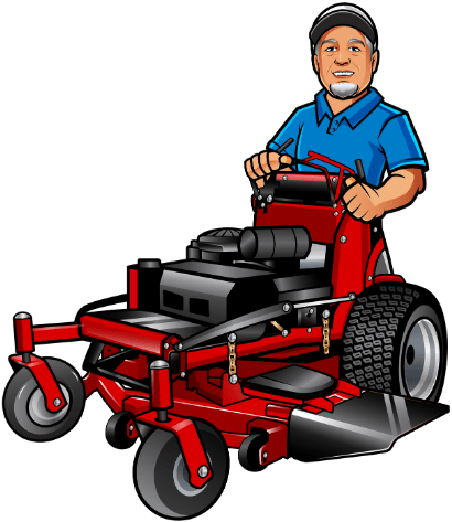 A cartoon mascot of Mike, owner of Telos Lawn Care. He is wearing a blue shirt and a hat and pushing a lawn mower.