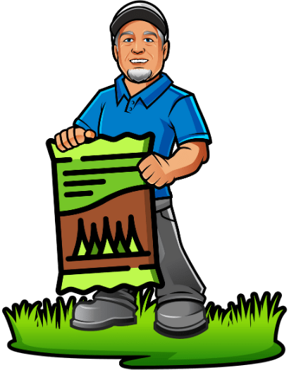 A cartoon mascot of Mike, owner of Telos Lawn Care. He is wearing a hat and a blue shirt and is holding a bag of grass seed.