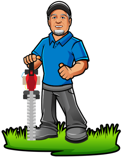 A cartoon mascot of Mike, owner of Telos Lawn Care. He is wearing a hat and a blue shirt and holding an electric hedge pruner.