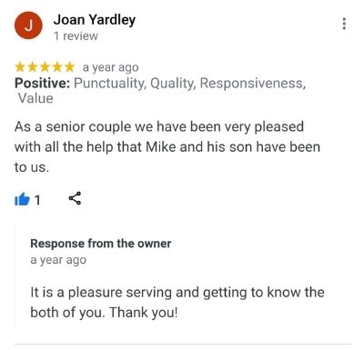 A screenshot of a five star review for Telos Lawn Care. It reads, "As a senior couple, we have been very please with all the help Mike and his son have been to us."