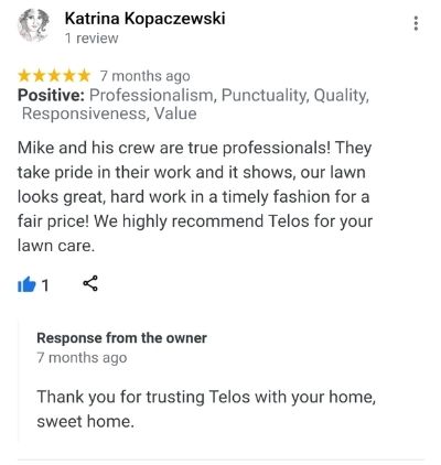 A screenshot of a five star review for Telos Lawn Care. It reads, "Mike and his crew are true professionals! They take pride in their work and it shows. Our lawn looks great."