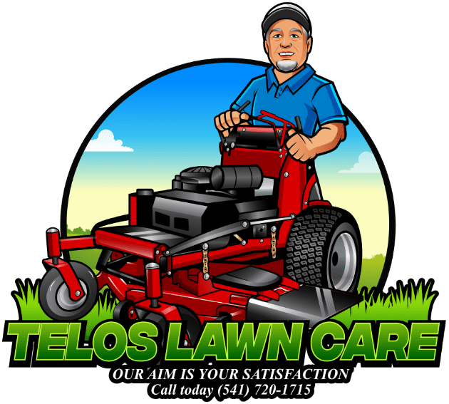 A cartoon mascot of Mike, owner of Telos Lawn Care. He is wearing a hat and a blue shirt and is pushing a commercial lawn mower.