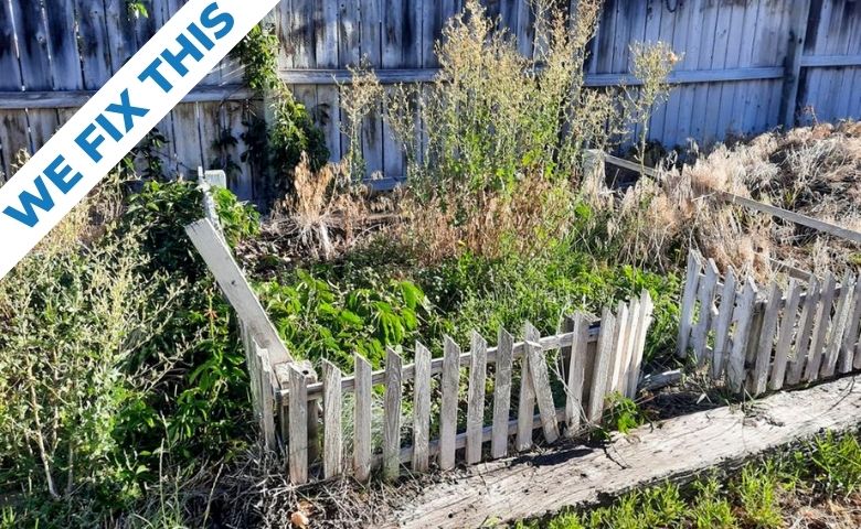 A incredibly overgrown landscape bed filled with weeds and tall grass. The photo reads, "we fix this"