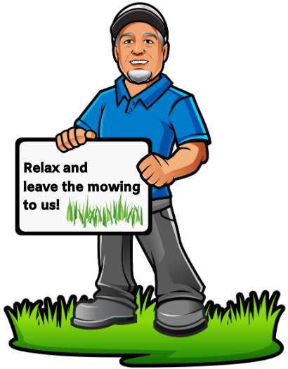 A cartoon mascot of Mike, owner of Telos Lawn Care. He is holding a sign reading, "Relax and leave the mowing to us!"